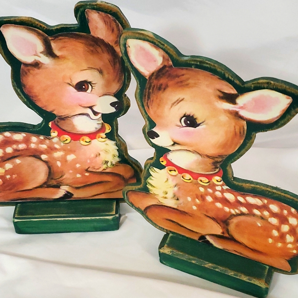 Vintage PostCard Cut-Out Christmas Decor Left/Right Facing Wooden Fawn Charming - Picture 2 of 7